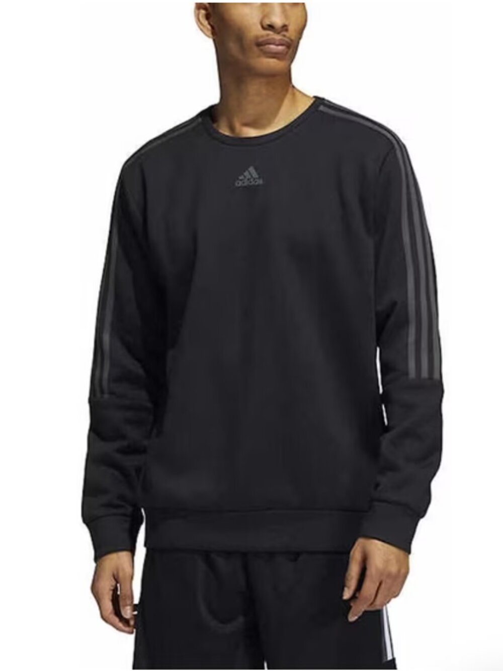 adidas Men's Fleece Crewneck Sweatshirt Black Tonal 3-Stripe Pullover Size Med